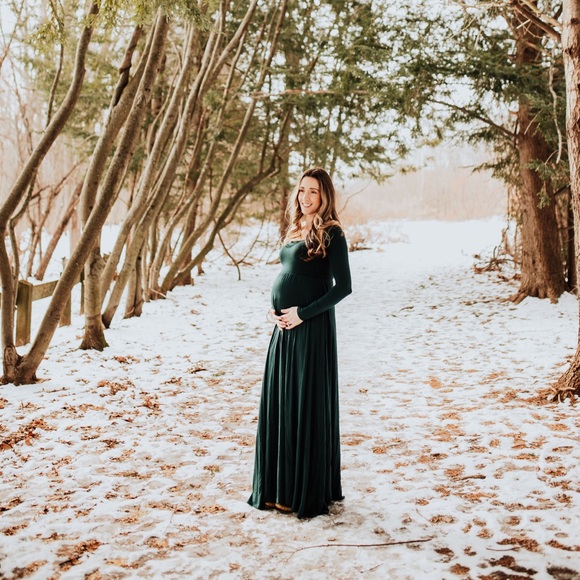 PinkBlush Forest Green Solid Off Shoulder Maternity Maxi Dress (Size Small) - Picture 5 of 7